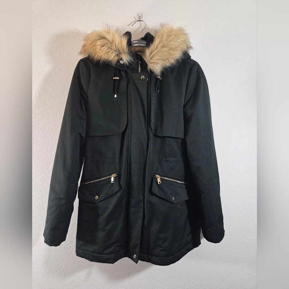 ZARA Trf Black Beige Faux Fur Lined Hooded Heavyweight Warm Winter Parka Jacket